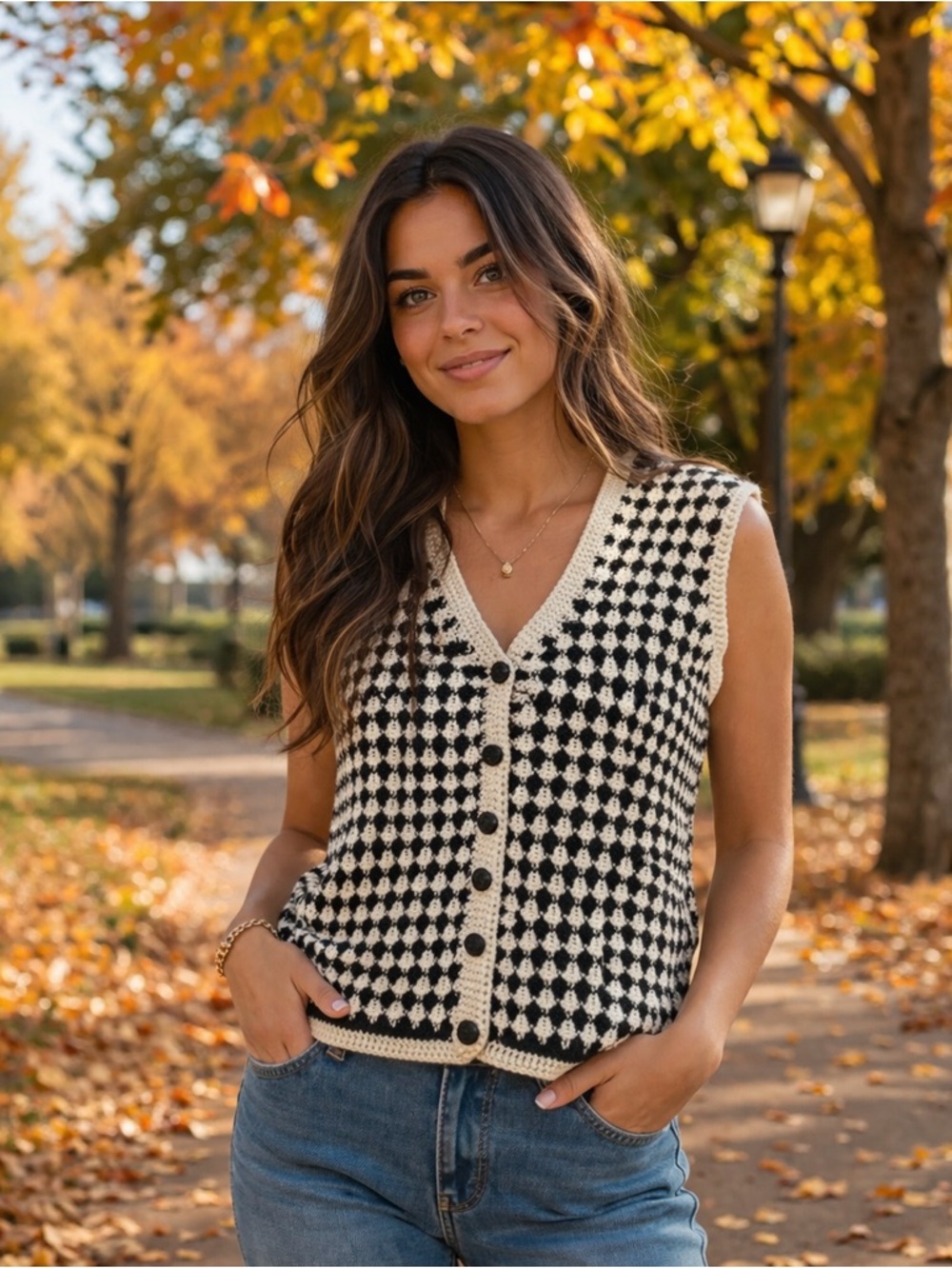Vintage Hand Crocheted Cardigan Button Up Vest Black & Cream Check Pattern